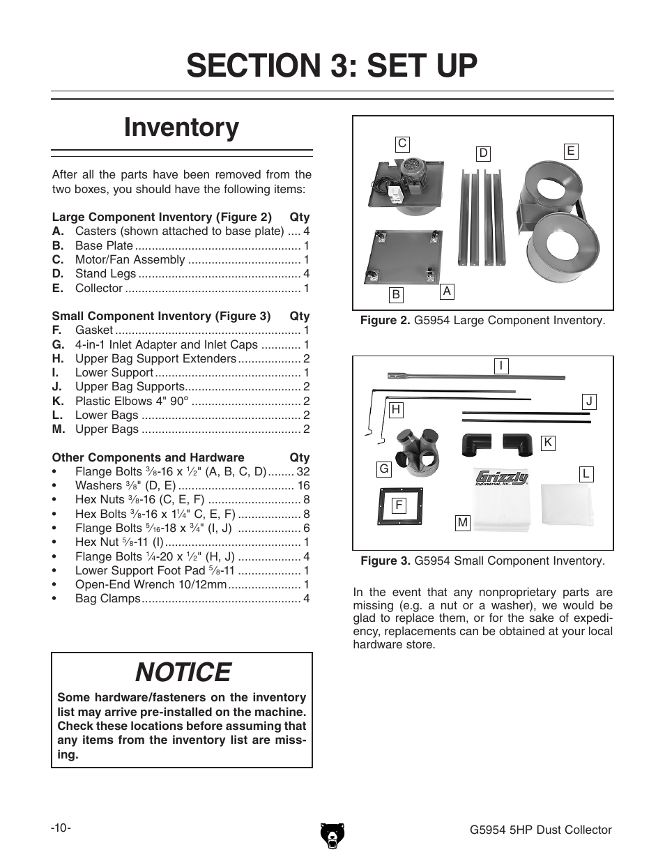 Inventory, Notice | Grizzly G5954 User Manual | Page 12 / 32