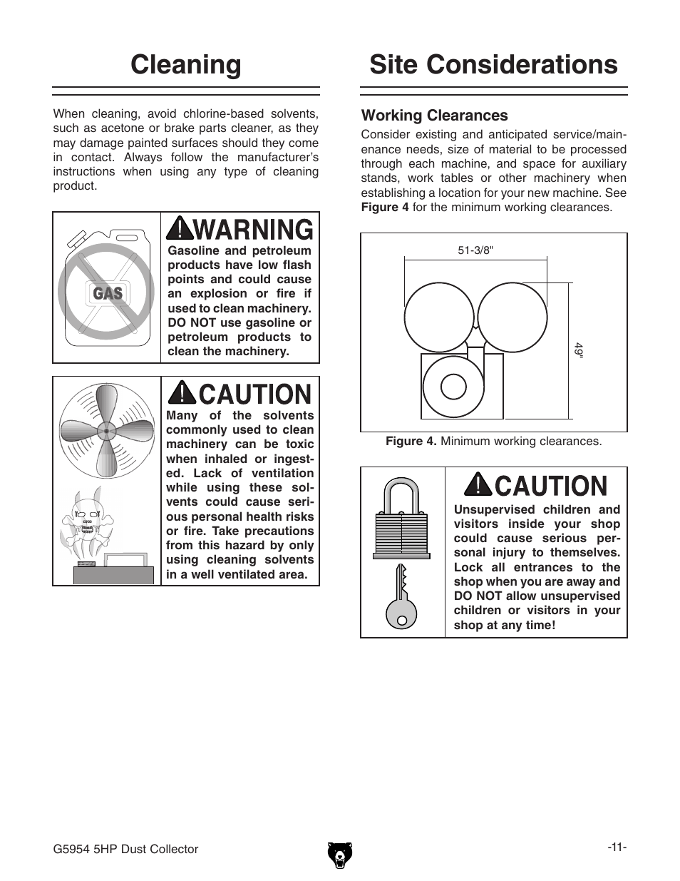 Site considerations cleaning | Grizzly G5954 User Manual | Page 13 / 32