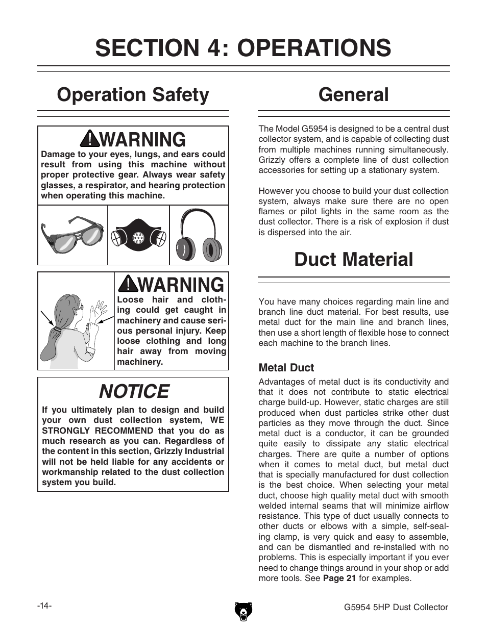 Operation safety, Notice, General | Duct material | Grizzly G5954 User Manual | Page 16 / 32