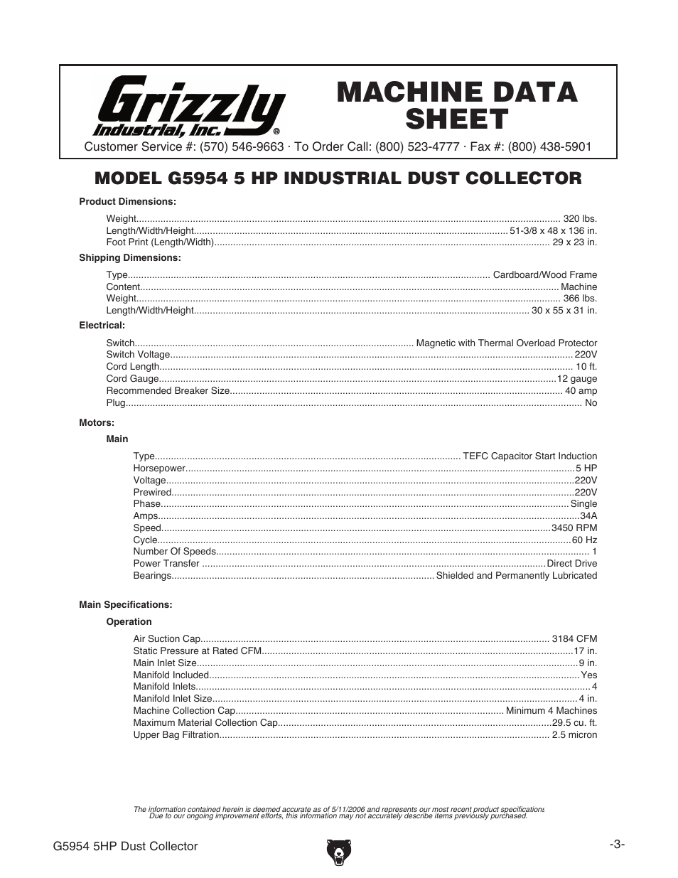 Machine data sheet | Grizzly G5954 User Manual | Page 5 / 32