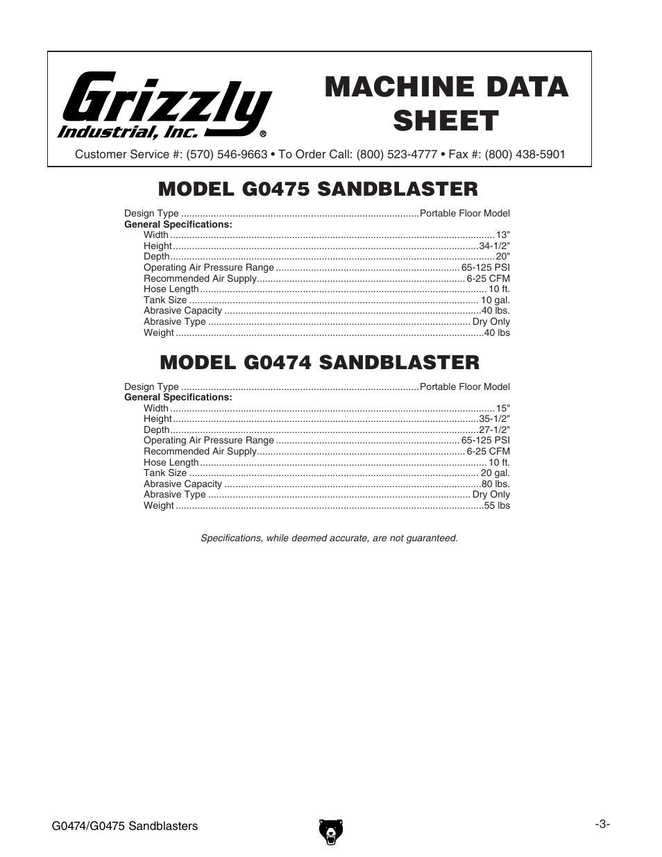 Machine data sheet, Model g0475 sandblaster, Model g0474 sandblaster | Grizzly G0474 User Manual | Page 5 / 20