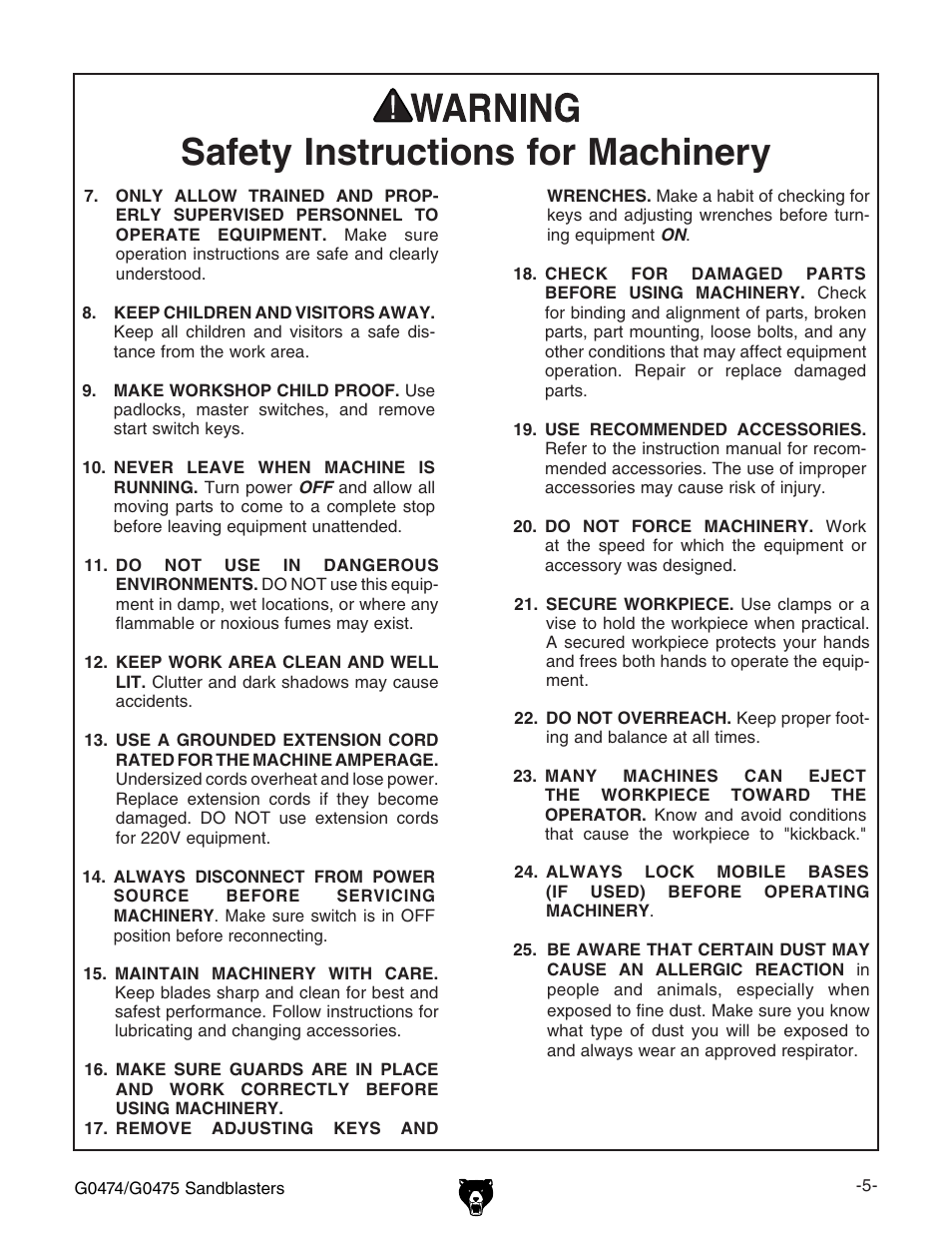 Safety instructions for machinery | Grizzly G0474 User Manual | Page 7 / 20