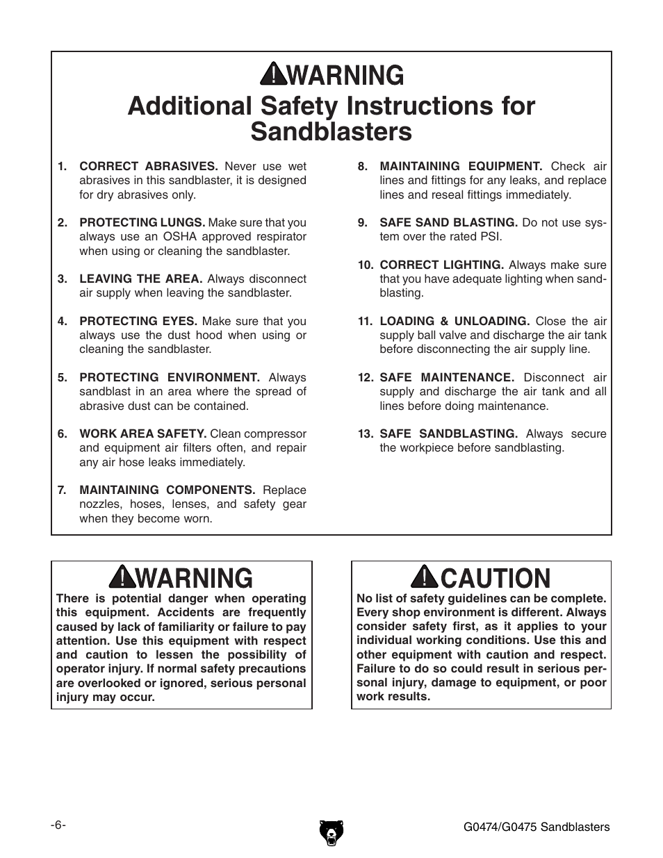 Additional safety instructions for sandblasters | Grizzly G0474 User Manual | Page 8 / 20