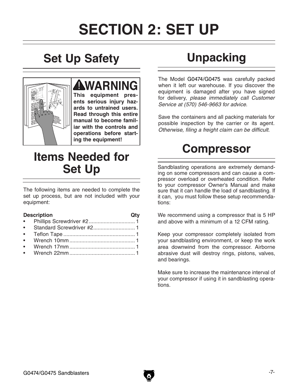 Unpacking set up safety, Items needed for set up, Compressor | Grizzly G0474 User Manual | Page 9 / 20