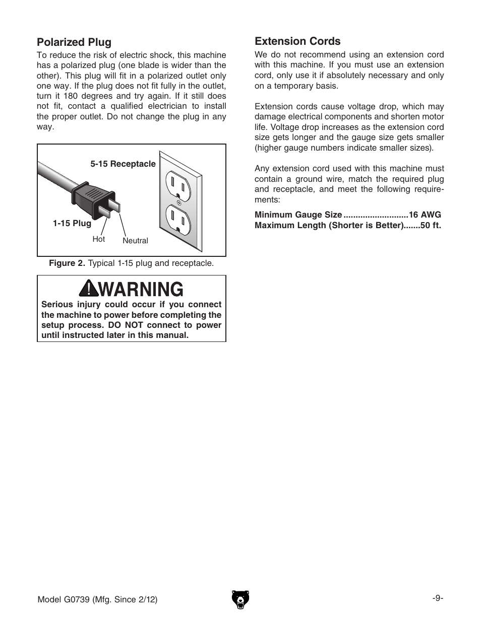 Extension cords, Polarized plug | Grizzly Oscilatign Spindle GO739 User Manual | Page 11 / 32