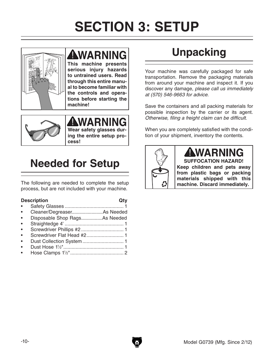 Needed for setup, Unpacking | Grizzly Oscilatign Spindle GO739 User Manual | Page 12 / 32