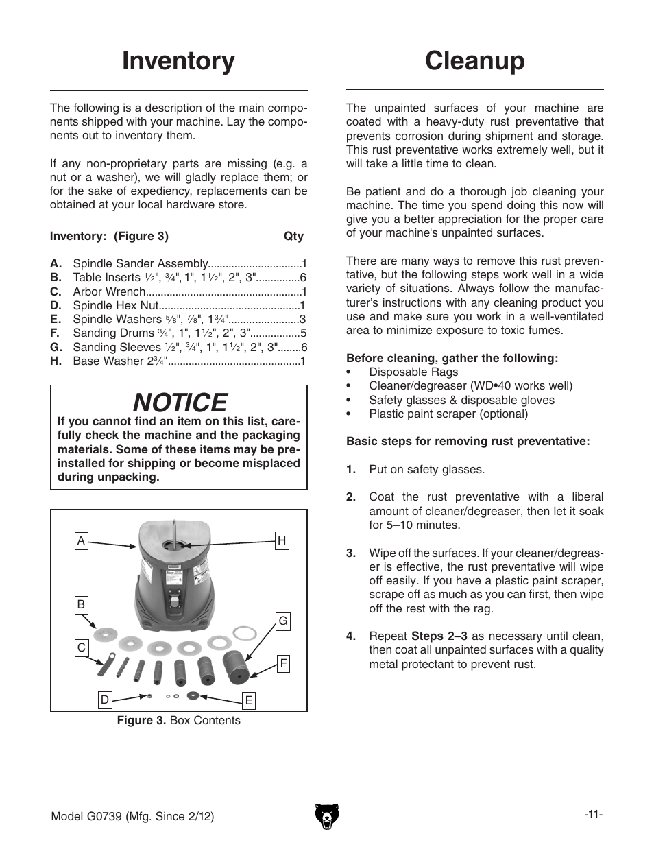 Inventory, Notice, Cleanup notice | Grizzly Oscilatign Spindle GO739 User Manual | Page 13 / 32