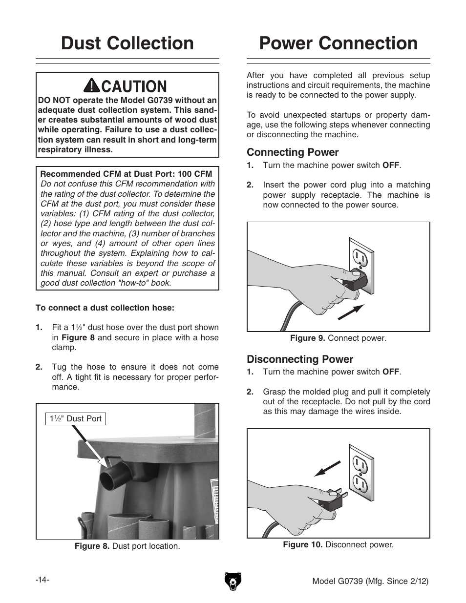 Dust collection, Power connection, Connecting power | Disconnecting power | Grizzly Oscilatign Spindle GO739 User Manual | Page 16 / 32