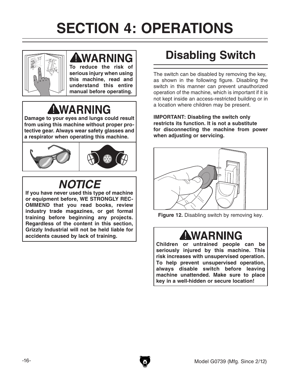 Notice, Disabling switch | Grizzly Oscilatign Spindle GO739 User Manual | Page 18 / 32