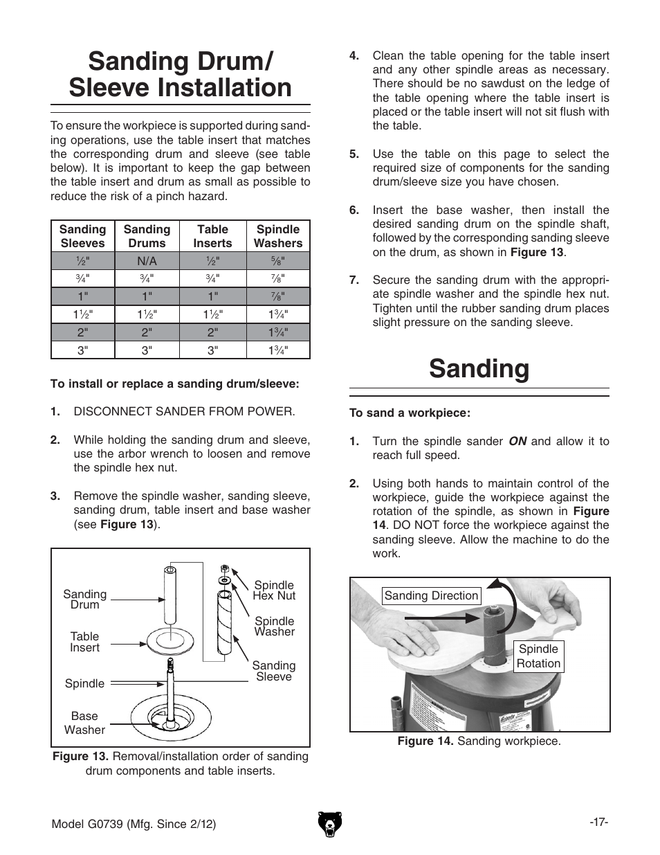 Sanding drum/ sleeve installation, Sanding | Grizzly Oscilatign Spindle GO739 User Manual | Page 19 / 32