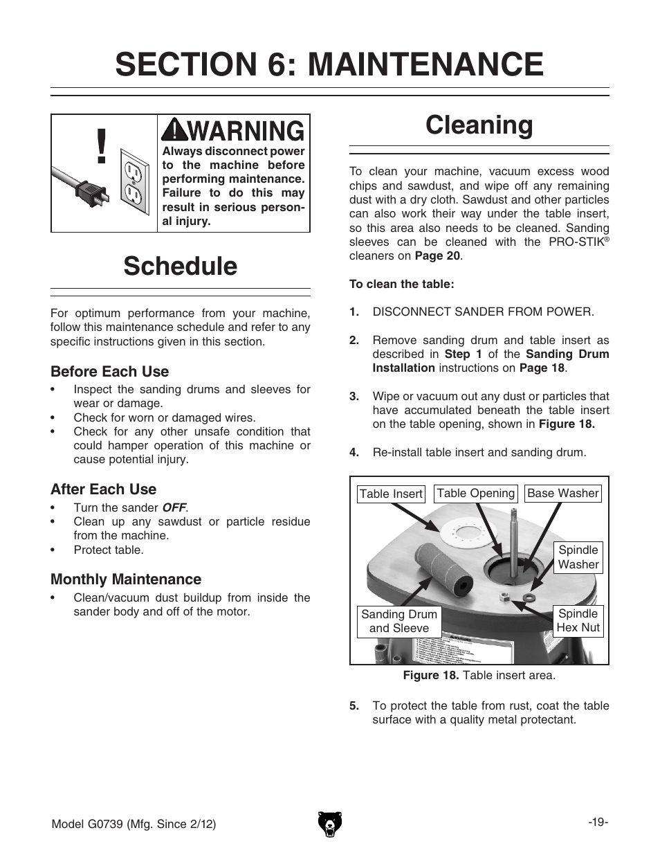 Schedule, Cleaning | Grizzly Oscilatign Spindle GO739 User Manual | Page 21 / 32