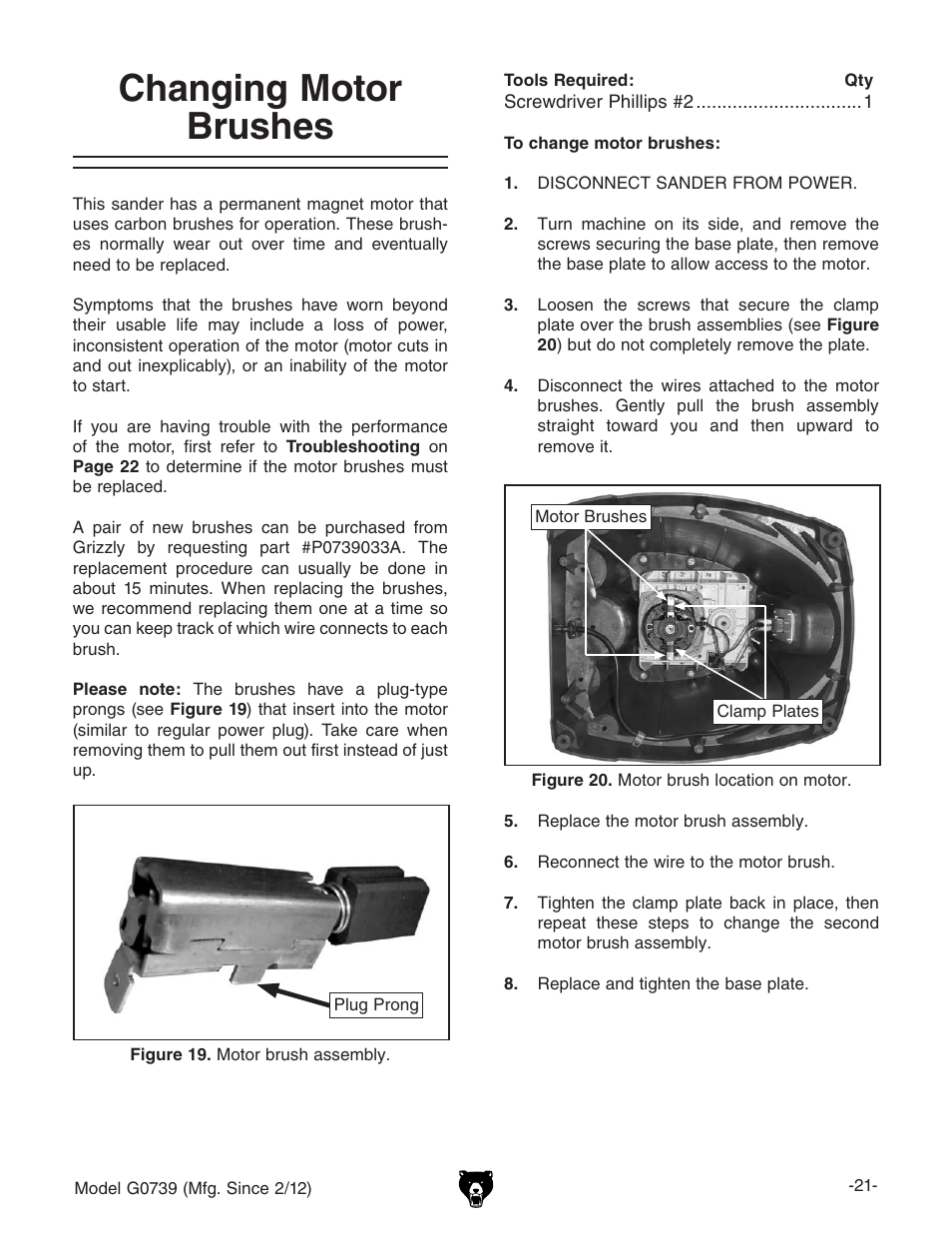 Changing motor brushes | Grizzly Oscilatign Spindle GO739 User Manual | Page 23 / 32