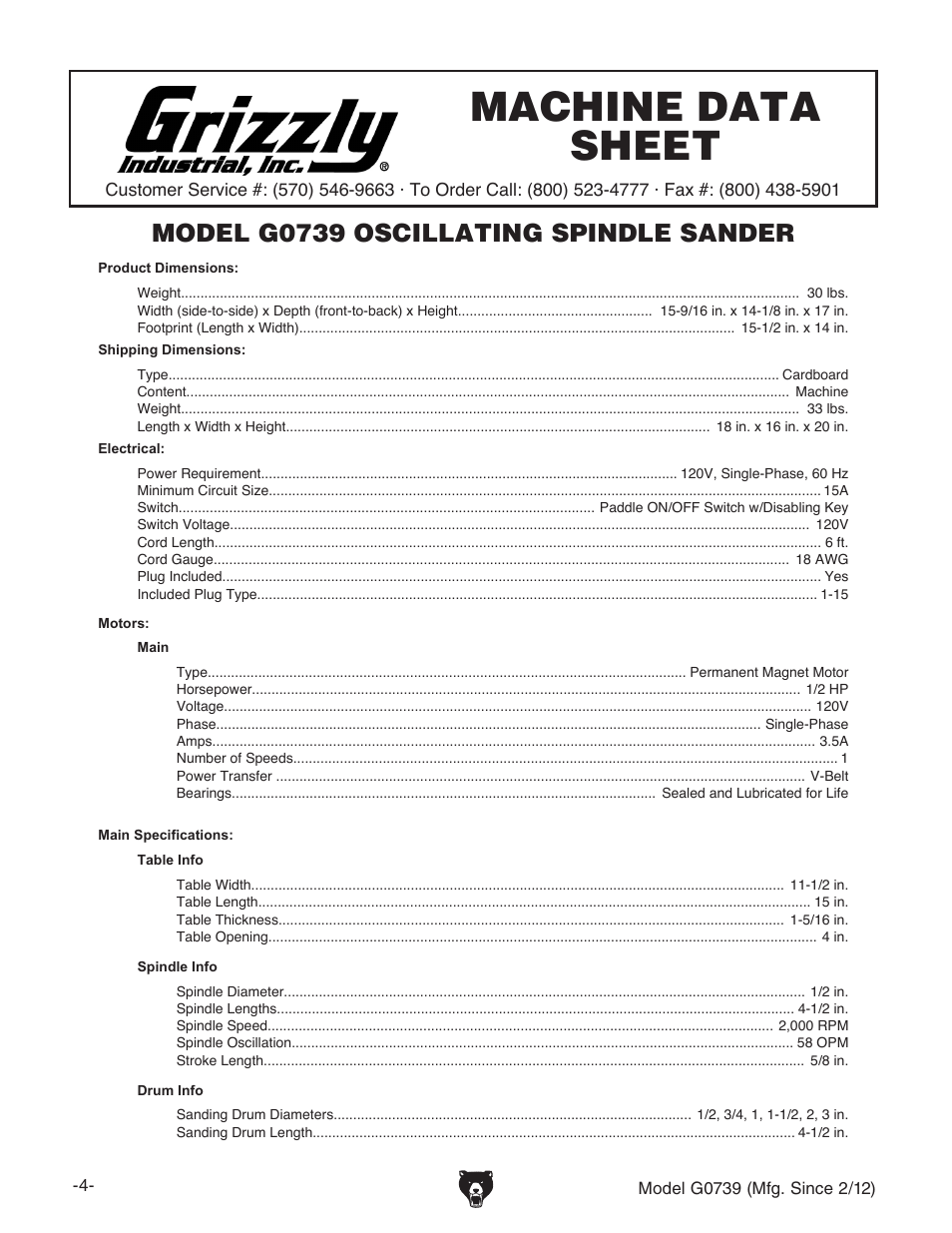 Machine data sheet, Model g0739 oscillating spindle sander | Grizzly Oscilatign Spindle GO739 User Manual | Page 6 / 32