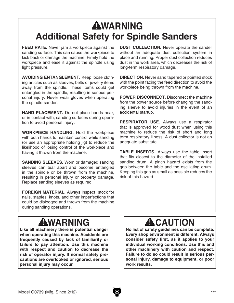 Additional safety for spindle sanders | Grizzly Oscilatign Spindle GO739 User Manual | Page 9 / 32