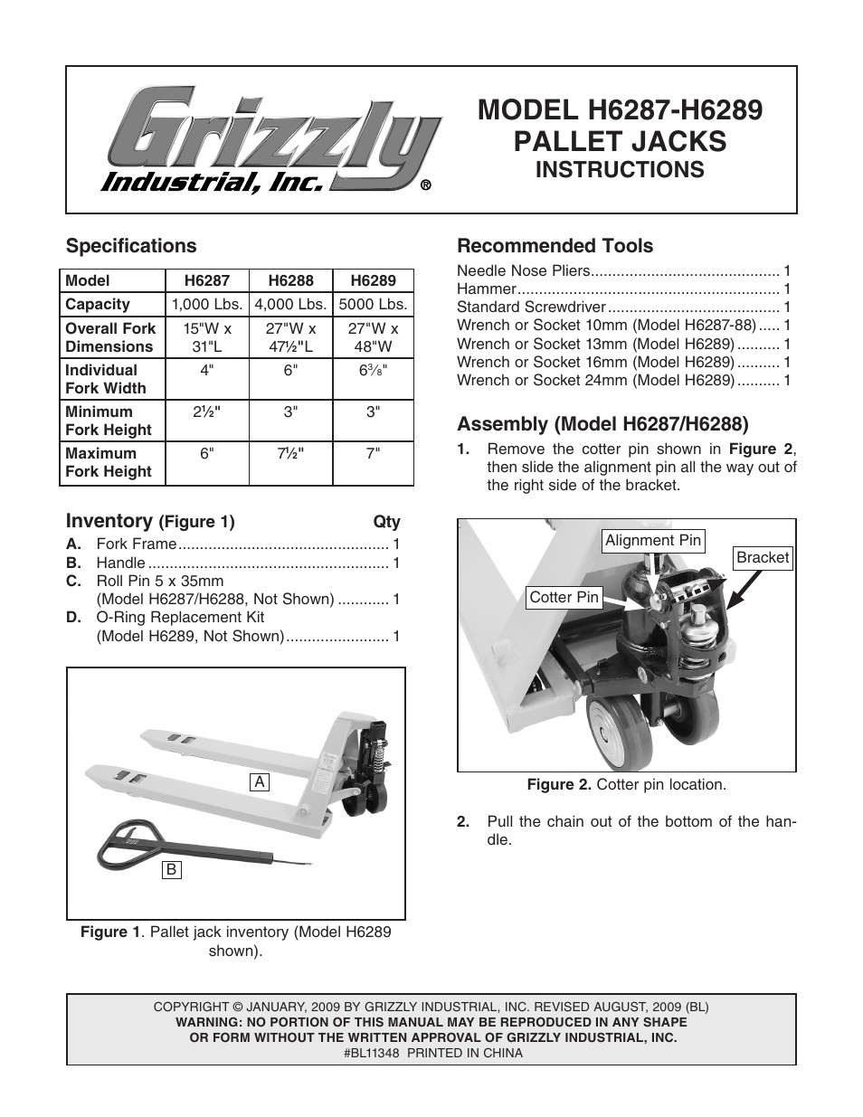 Grizzly Pallet Jacks H6287-h6289 User Manual | 12 pages