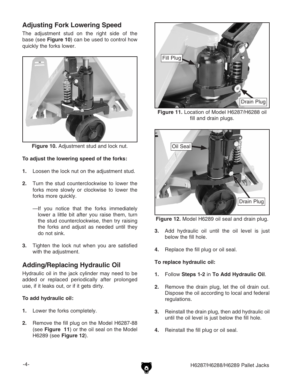 Adding/replacing hydraulic oil, Adjusting fork lowering speed | Grizzly Pallet Jacks H6287-h6289 User Manual | Page 4 / 12