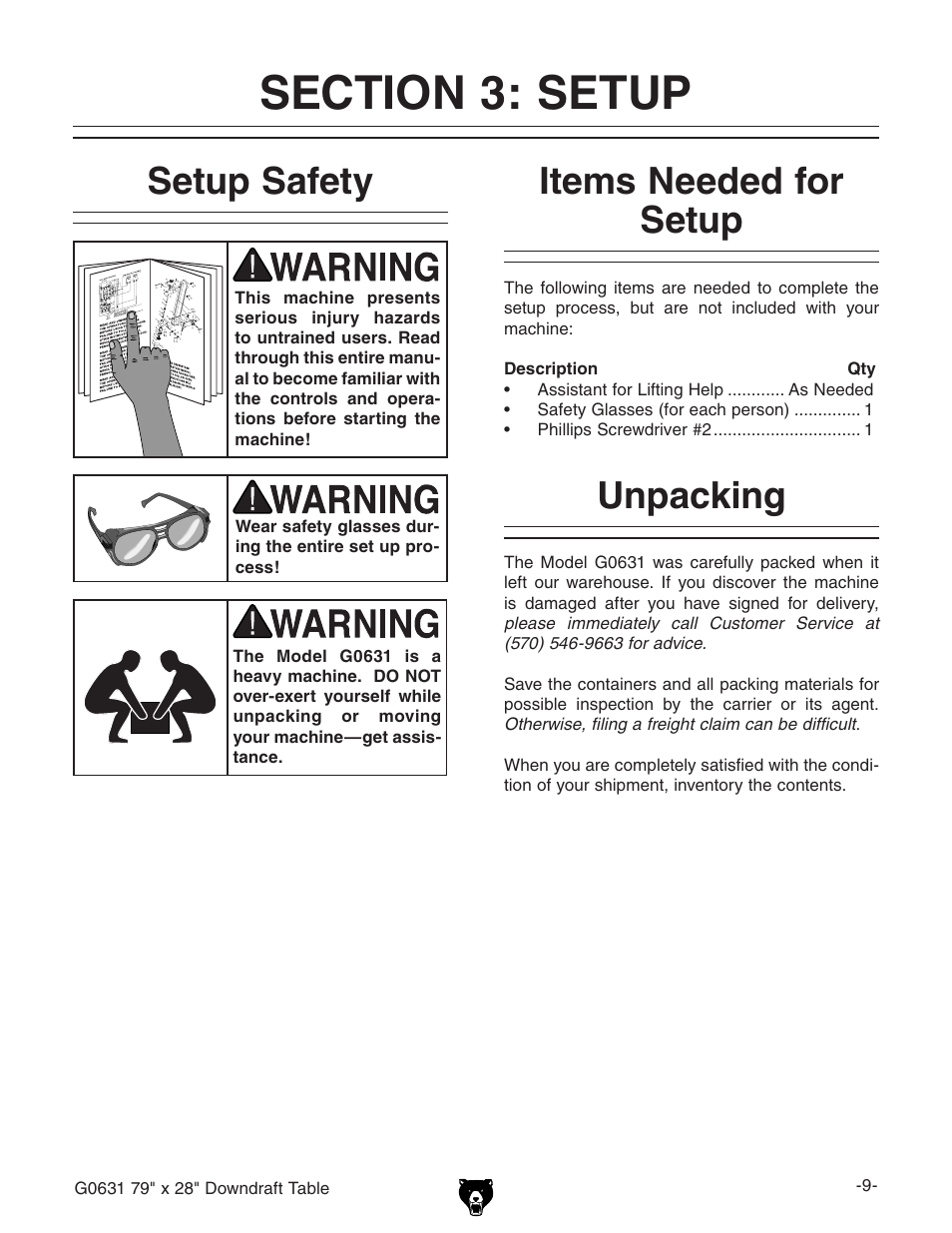 Setup safety, Items needed for setup, Unpacking | Grizzly G0631 User Manual | Page 11 / 32