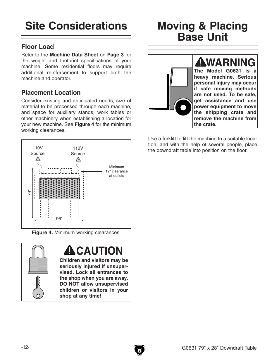 Site considerations, Moving & placing base unit | Grizzly G0631 User Manual | Page 14 / 32