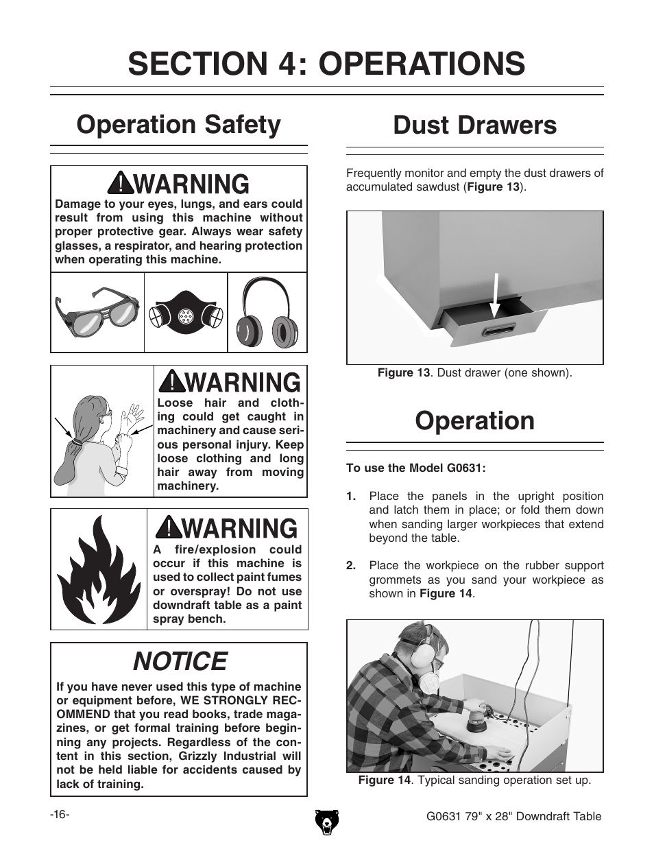 Operation safety, Notice, Dust drawers | Operation | Grizzly G0631 User Manual | Page 18 / 32