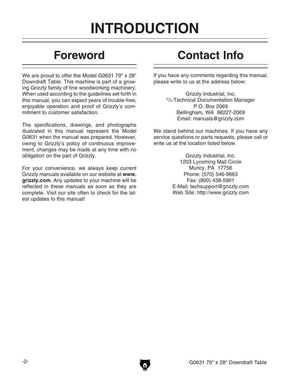 Introduction, Foreword, Contact info | Grizzly G0631 User Manual | Page 4 / 32
