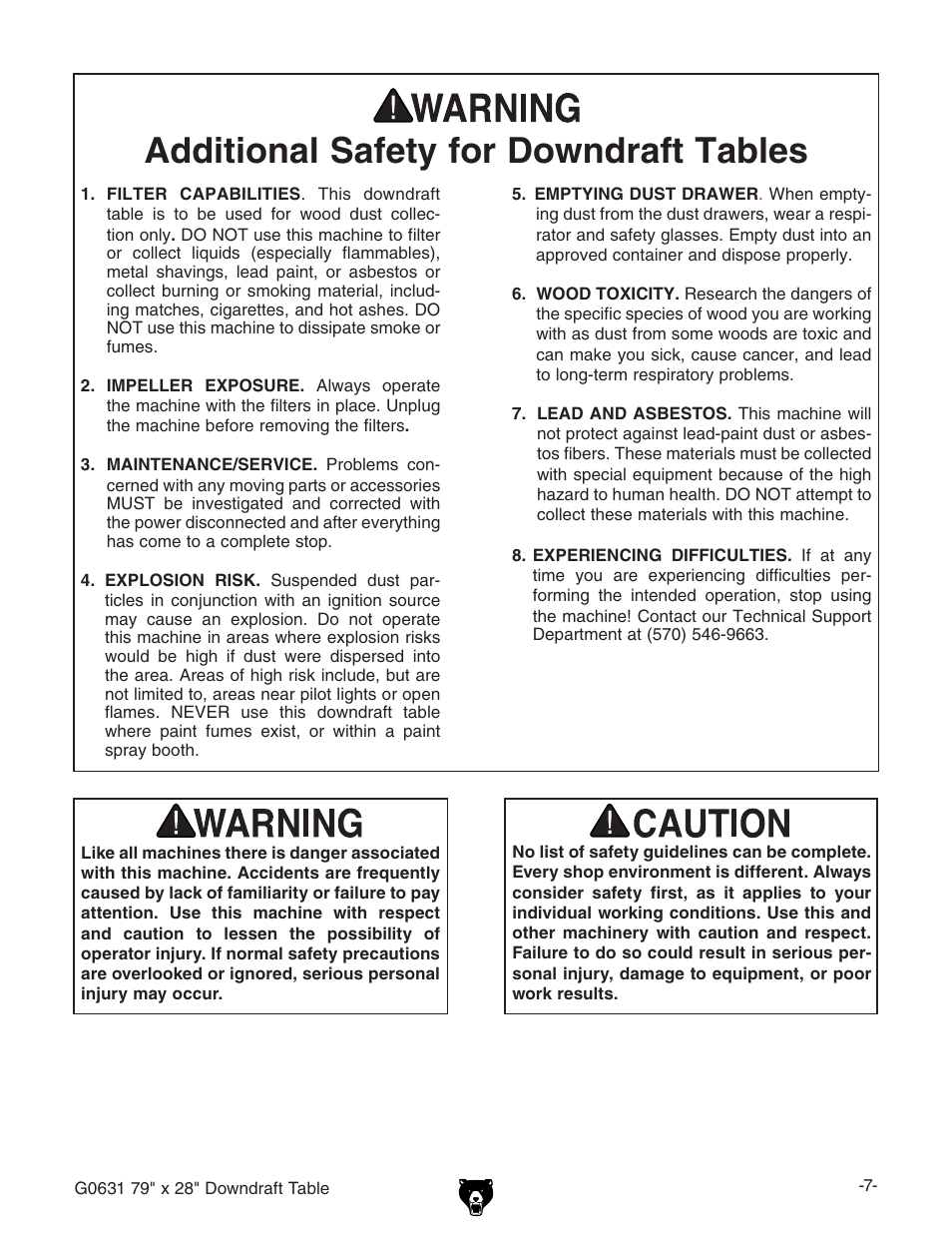 Additional safety for downdraft tables | Grizzly G0631 User Manual | Page 9 / 32