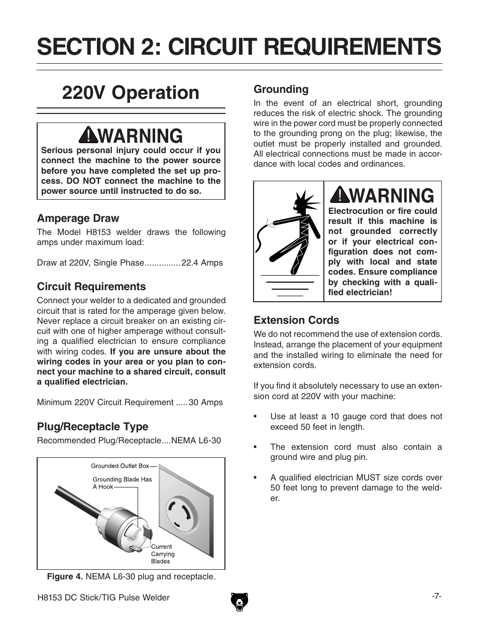 220v operation | Grizzly DC STICK/TIG PULSE WELDER H8153 User Manual | Page 10 / 24