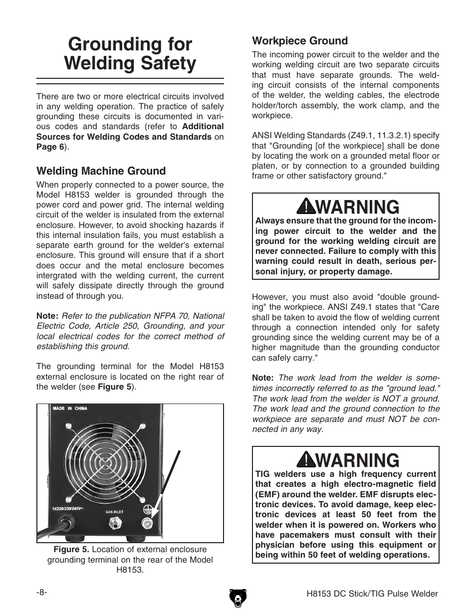 Grounding for welding safety | Grizzly DC STICK/TIG PULSE WELDER H8153 User Manual | Page 11 / 24