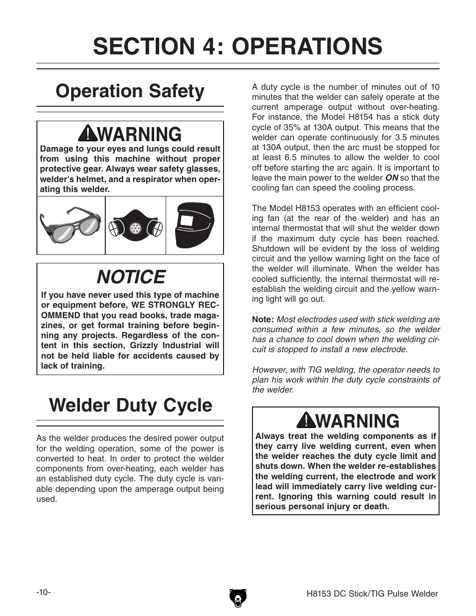 Notice, Operation safety welder duty cycle | Grizzly DC STICK/TIG PULSE WELDER H8153 User Manual | Page 13 / 24