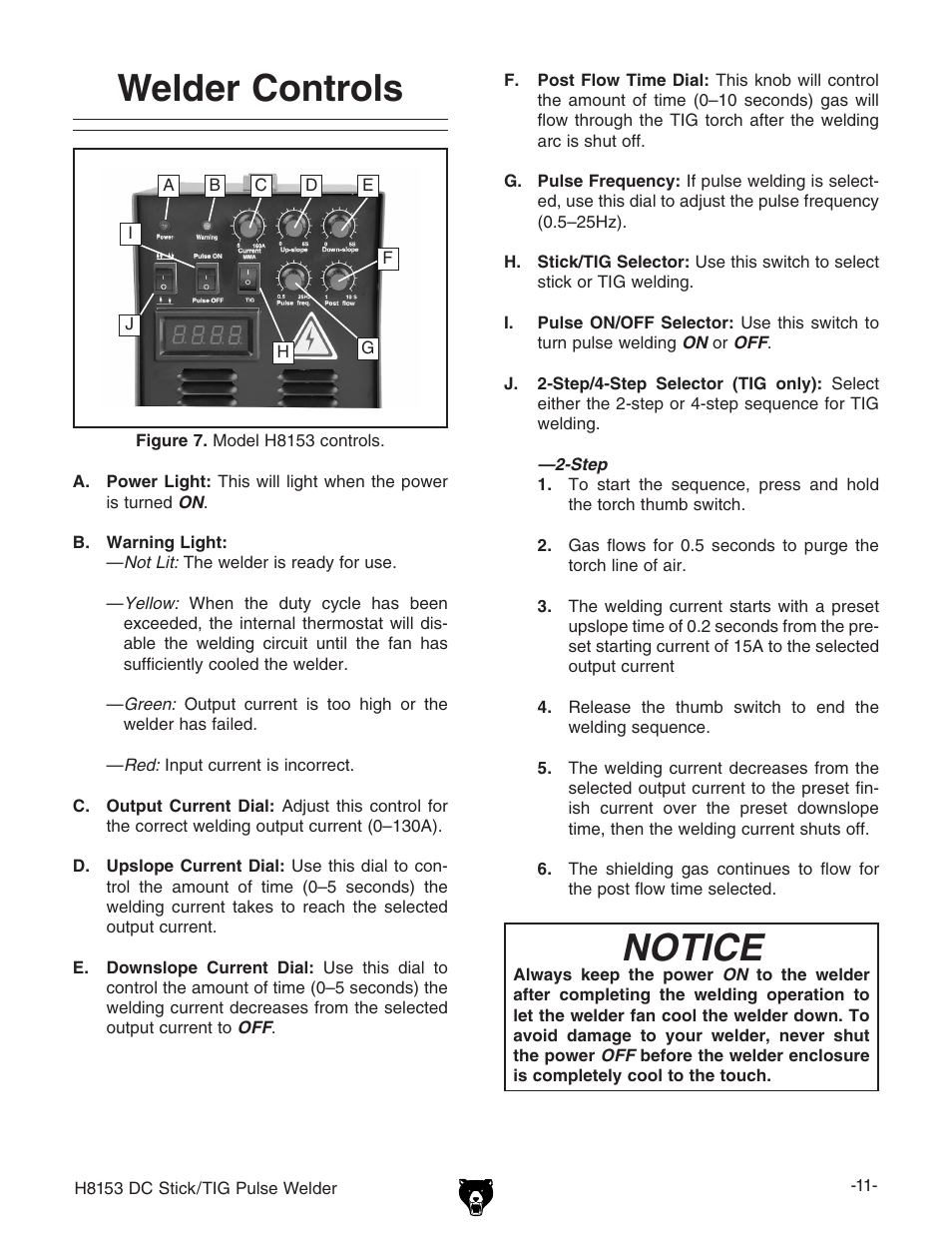 Welder controls, Notice | Grizzly DC STICK/TIG PULSE WELDER H8153 User Manual | Page 14 / 24