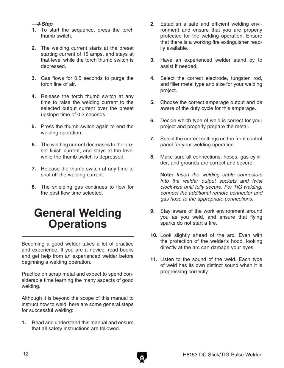 General welding operations | Grizzly DC STICK/TIG PULSE WELDER H8153 User Manual | Page 15 / 24