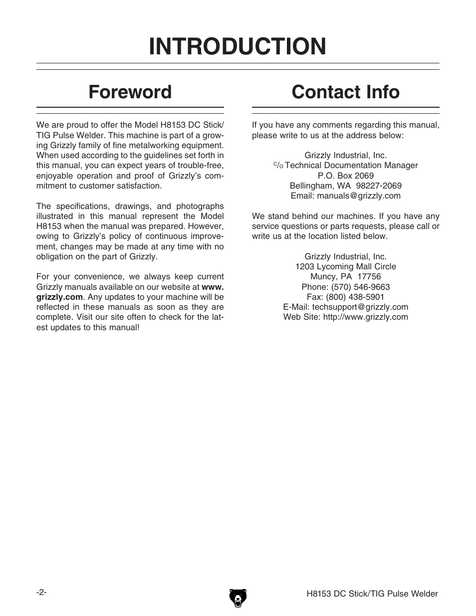 Introduction, Foreword, Contact info | Grizzly DC STICK/TIG PULSE WELDER H8153 User Manual | Page 5 / 24