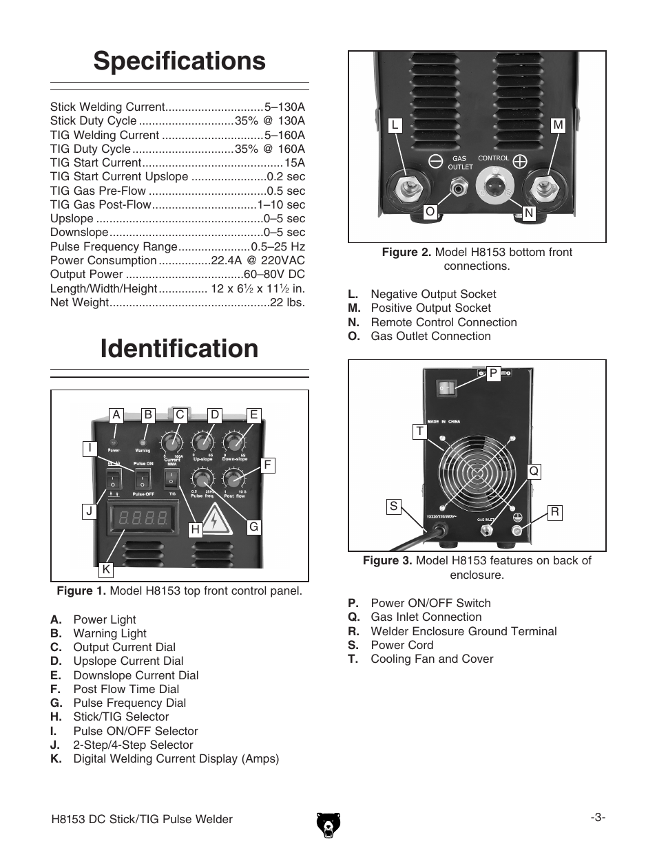 Specifications, Identification | Grizzly DC STICK/TIG PULSE WELDER H8153 User Manual | Page 6 / 24