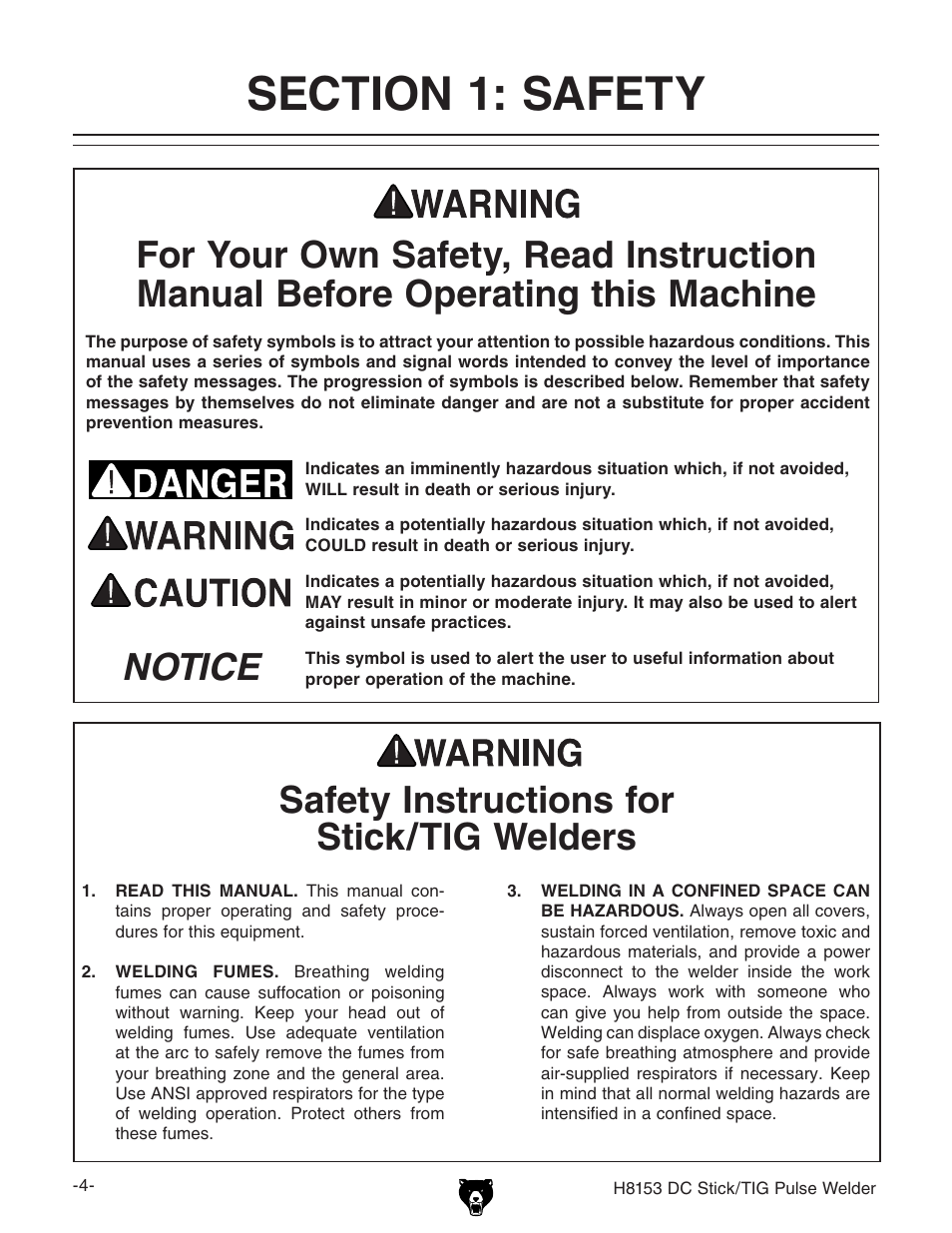 Safety instructions for stick/tig welders | Grizzly DC STICK/TIG PULSE WELDER H8153 User Manual | Page 7 / 24