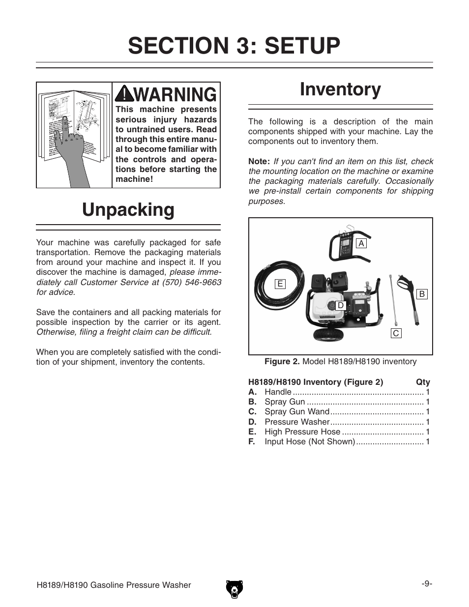 Unpacking inventory | Grizzly H8189/H8190 User Manual | Page 11 / 44