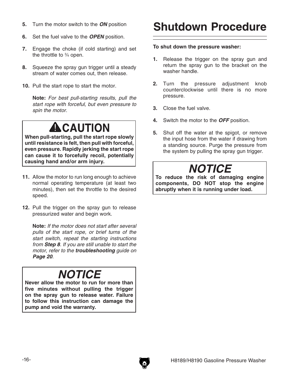 Notice, Shutdown procedure | Grizzly H8189/H8190 User Manual | Page 18 / 44