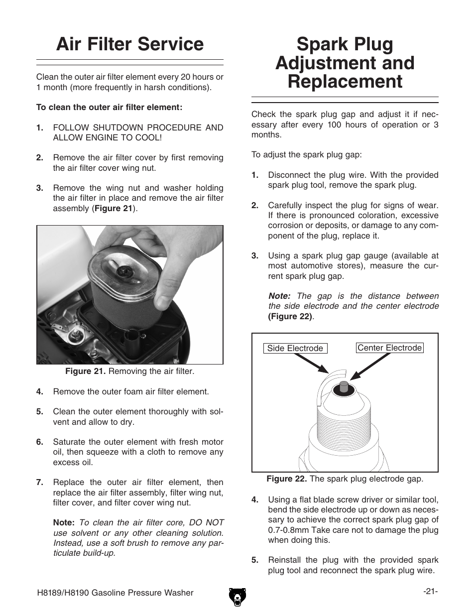 Air filter service, Spark plug adjustment and replacement | Grizzly H8189/H8190 User Manual | Page 23 / 44