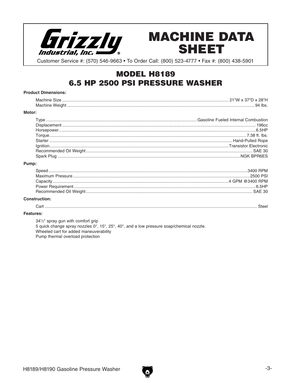 Grizzly H8189/H8190 User Manual | Page 5 / 44