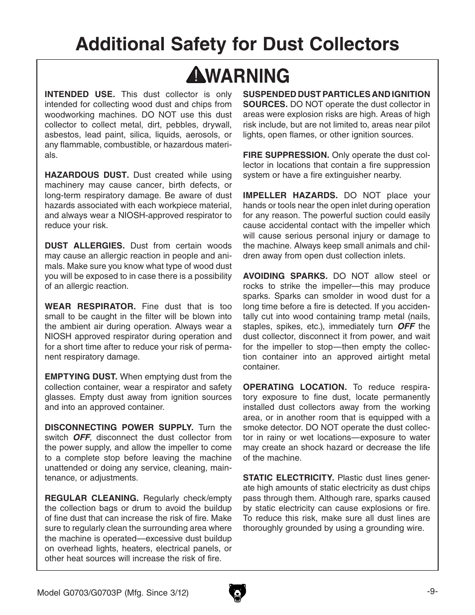 Additional safety for dust collectors | Grizzly 1 1/2 HP Cyclone G0703 User Manual | Page 11 / 56