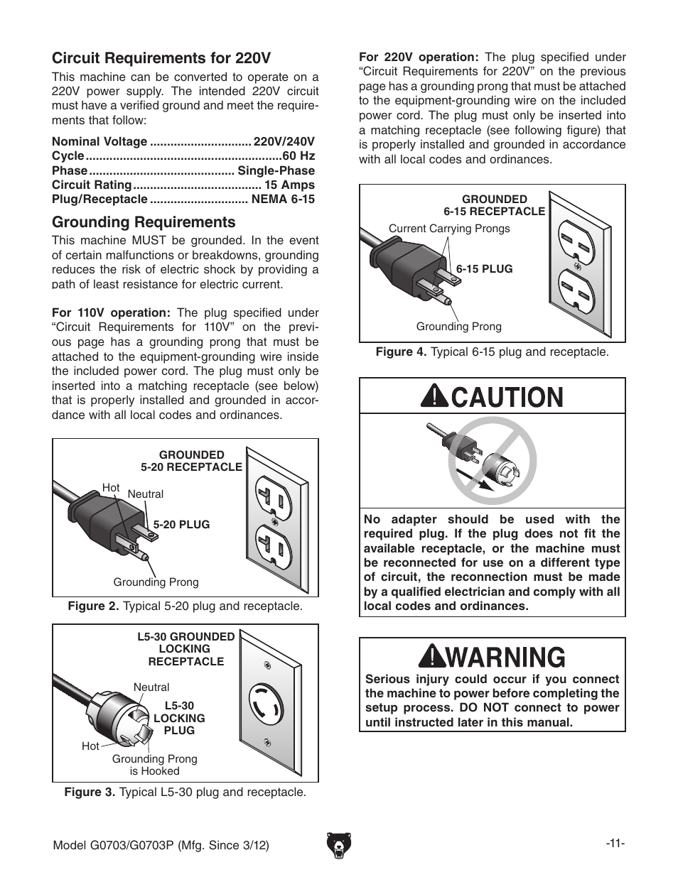 Grounding requirements, Circuit requirements for 220v | Grizzly 1 1/2 HP Cyclone G0703 User Manual | Page 13 / 56