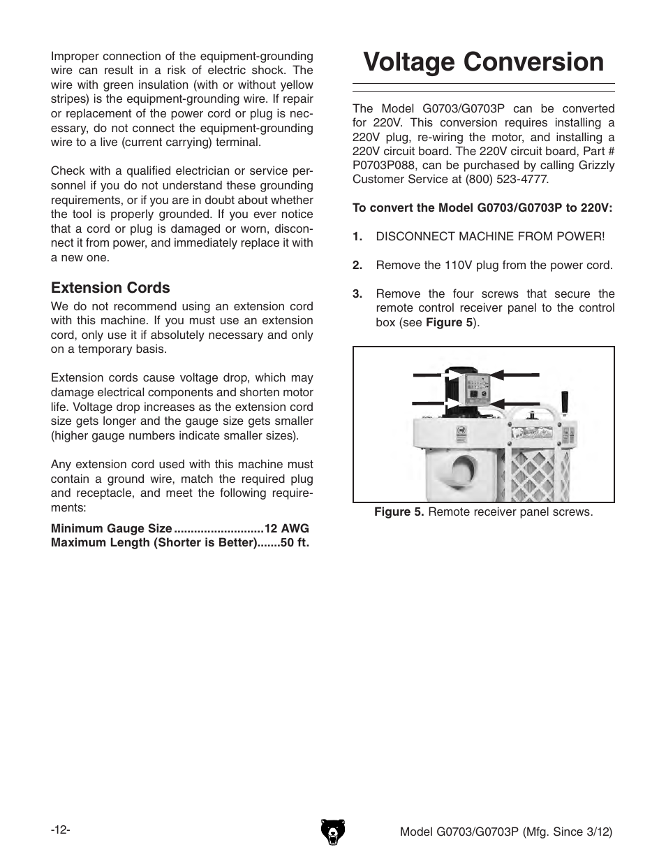 Voltage conversion | Grizzly 1 1/2 HP Cyclone G0703 User Manual | Page 14 / 56