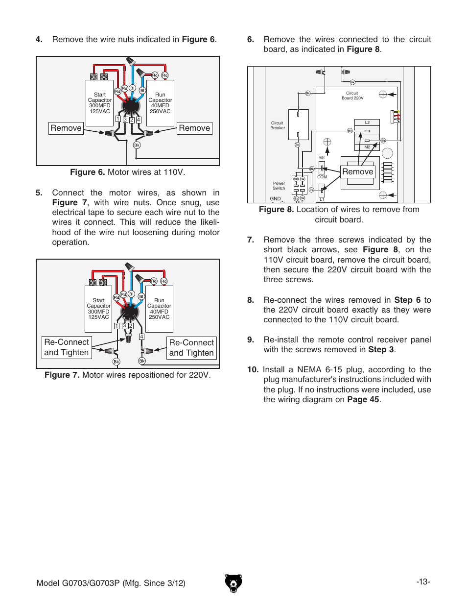 Motor 110v, Motor 220v | Grizzly 1 1/2 HP Cyclone G0703 User Manual | Page 15 / 56