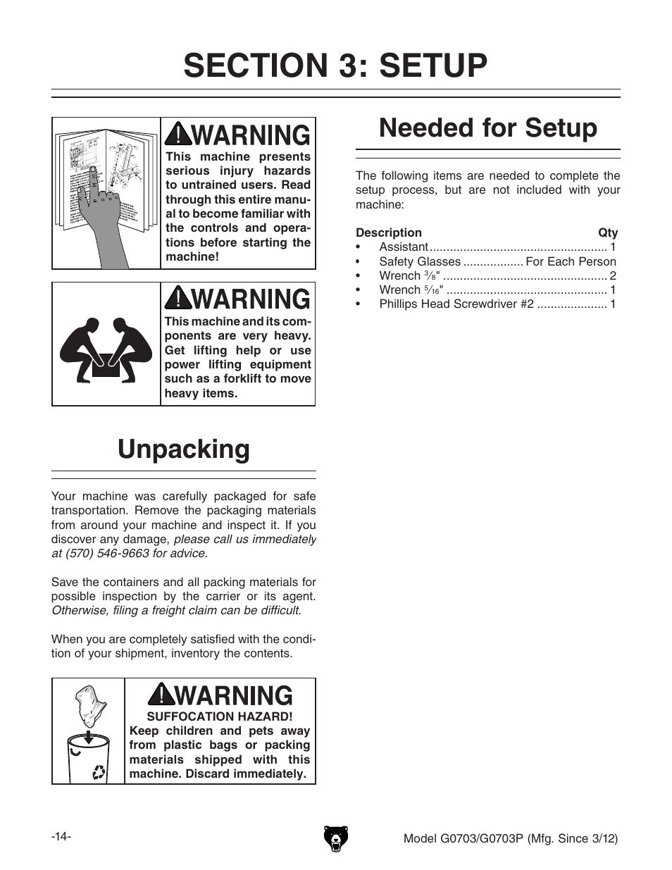 Unpacking, Needed for setup | Grizzly 1 1/2 HP Cyclone G0703 User Manual | Page 16 / 56