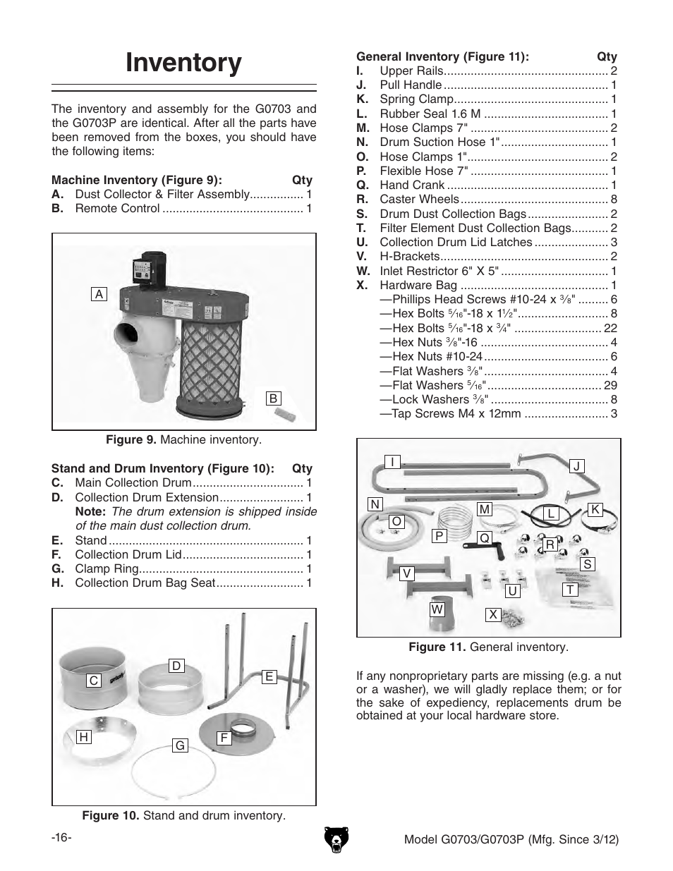 Inventory | Grizzly 1 1/2 HP Cyclone G0703 User Manual | Page 18 / 56