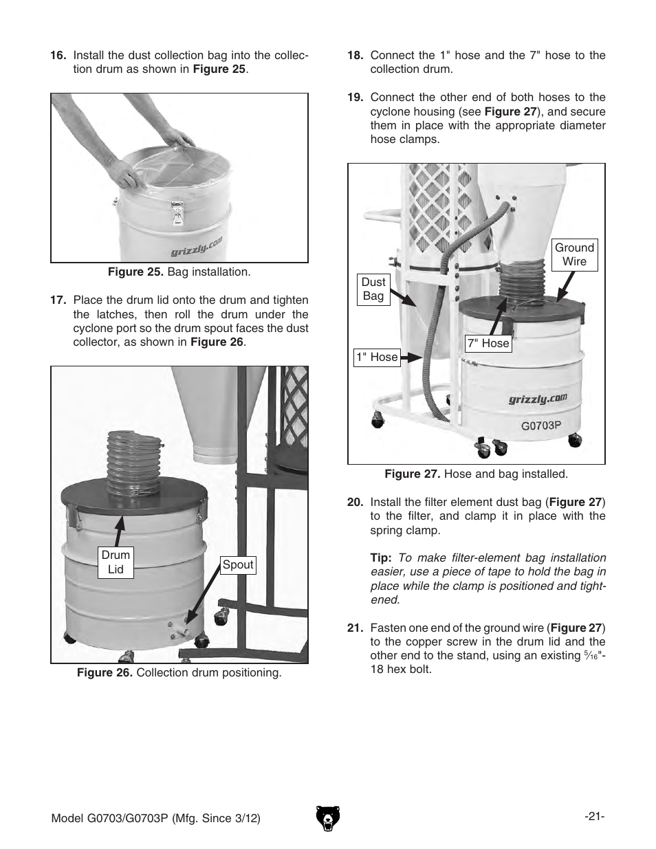 Grizzly 1 1/2 HP Cyclone G0703 User Manual | Page 23 / 56