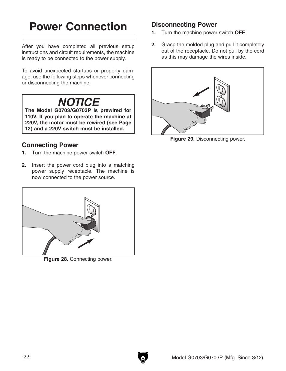 Notice, Power connection | Grizzly 1 1/2 HP Cyclone G0703 User Manual | Page 24 / 56