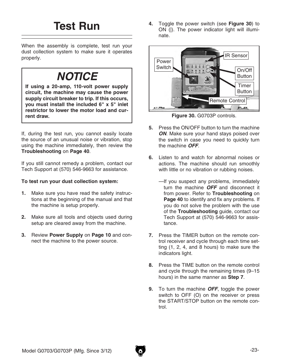 Test run, Notice | Grizzly 1 1/2 HP Cyclone G0703 User Manual | Page 25 / 56