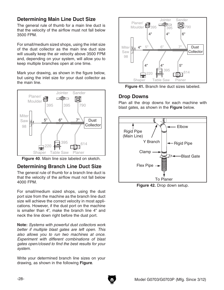 Determining main line duct size, Determining branch line duct size, Drop downs | Grizzly 1 1/2 HP Cyclone G0703 User Manual | Page 30 / 56