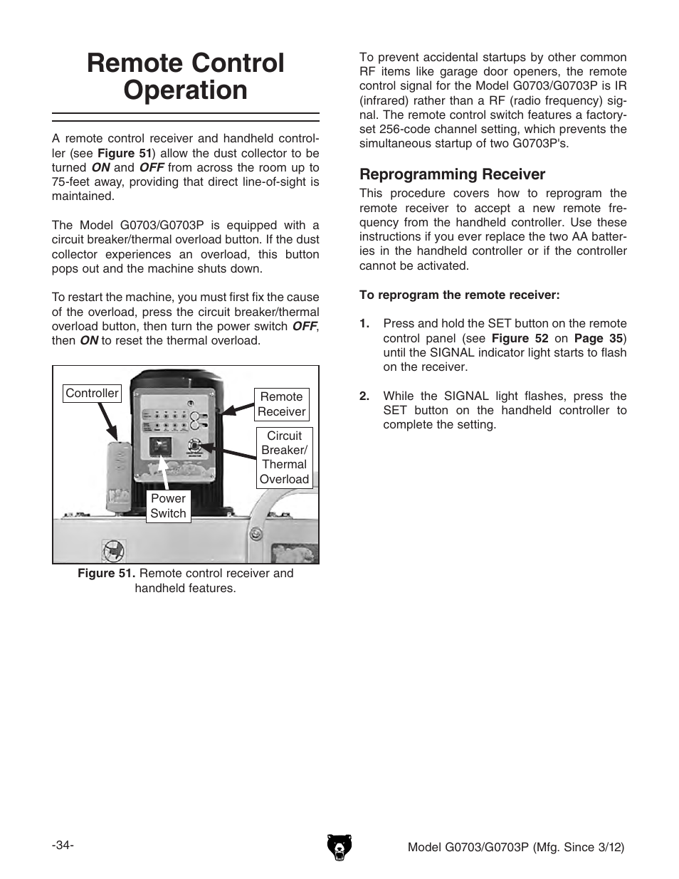 Remote control operation | Grizzly 1 1/2 HP Cyclone G0703 User Manual | Page 36 / 56