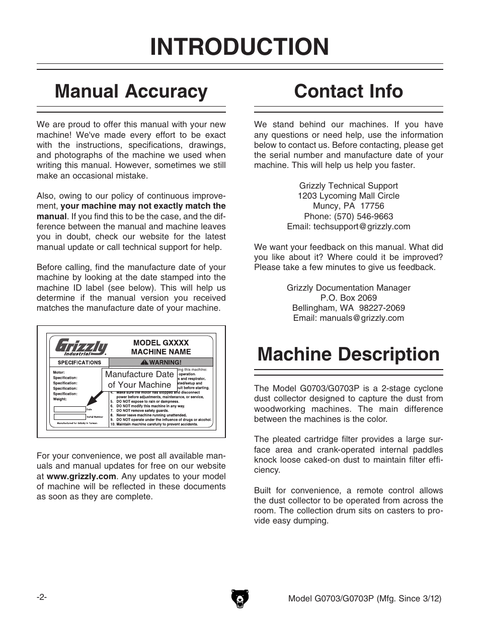 Introduction, Manual accuracy, Contact info | Machine description | Grizzly 1 1/2 HP Cyclone G0703 User Manual | Page 4 / 56