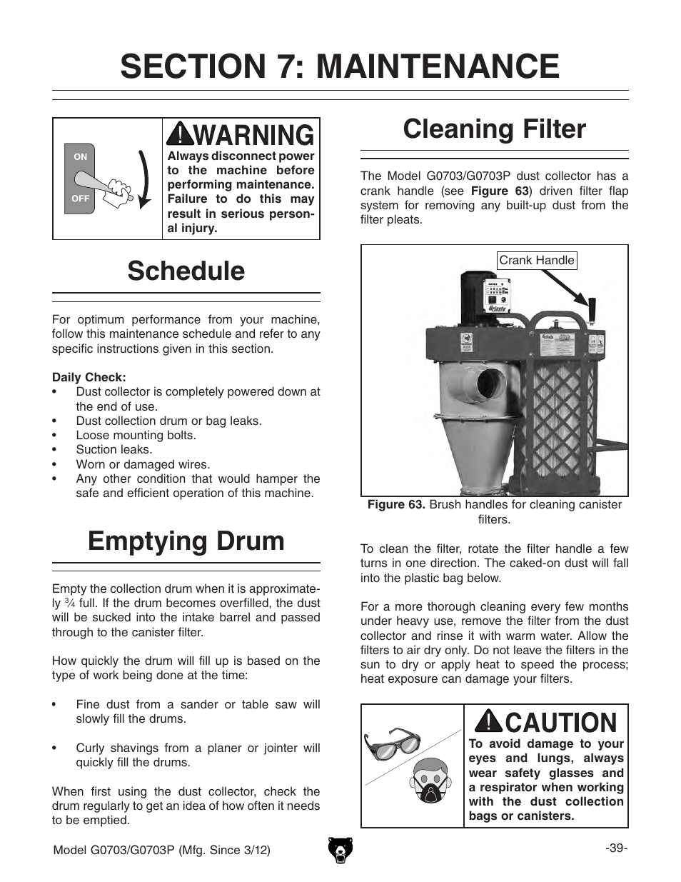 Schedule emptying drum, Cleaning filter | Grizzly 1 1/2 HP Cyclone G0703 User Manual | Page 41 / 56